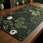 Gros plan du tapis de souris Everglade Botanica XXL sur un bureau en bois, mettant en évidence les bords brodés renforcés et la texture du tissu micro-texturé.