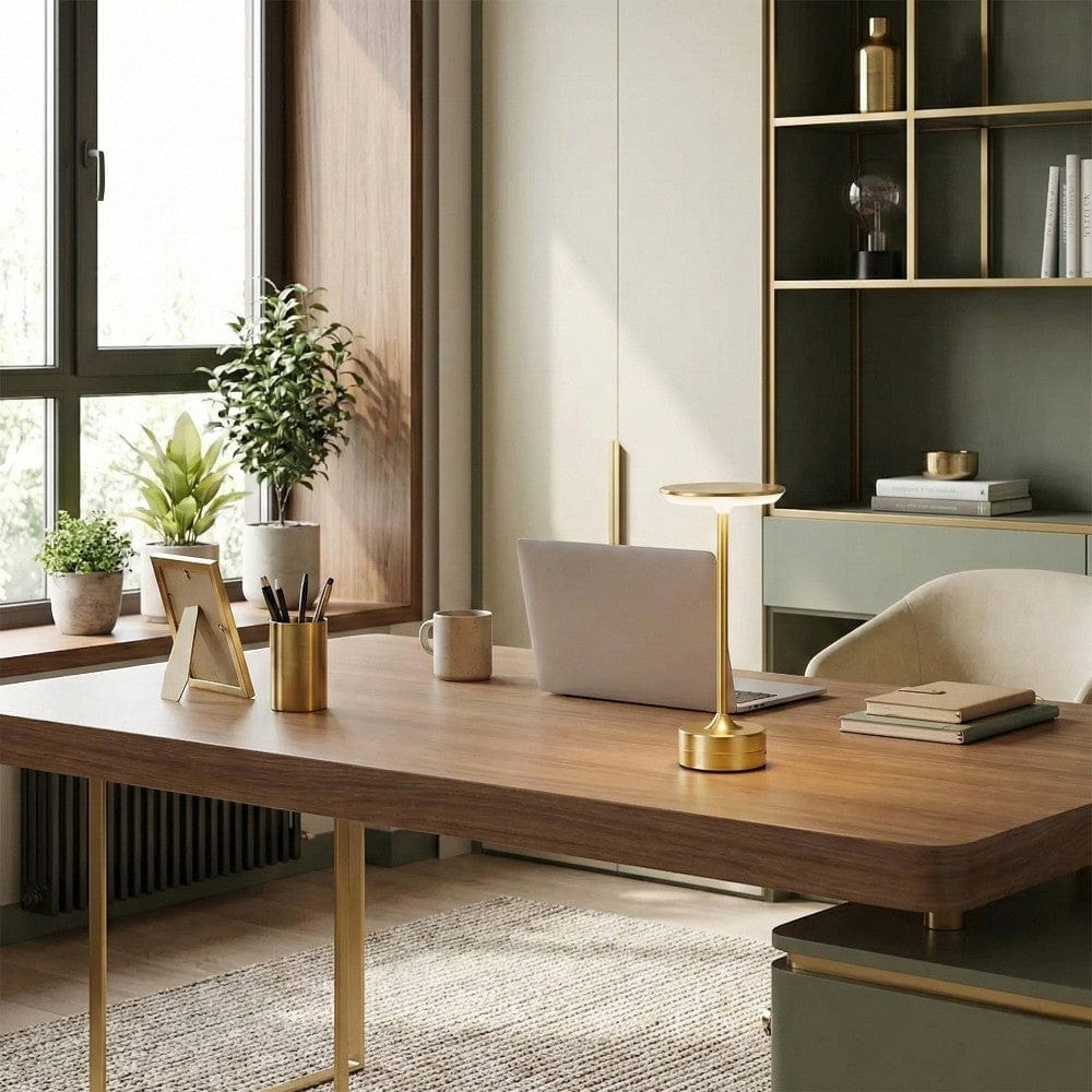 Lampe de bureau LUXOR Éclat Précieux posée sur un bureau en bois dans un bureau moderne et lumineux.