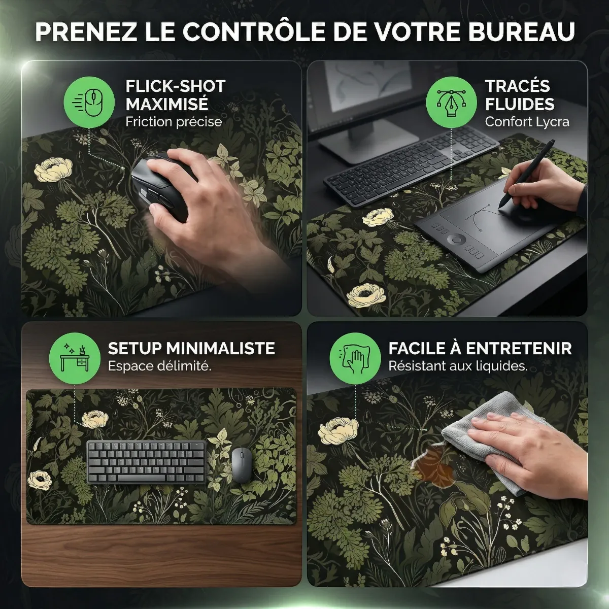 Infographie montrant le tapis de souris Everglade Botanica XXL utilisé par un gamer (FPS), un graphiste, un travailleur minimaliste et pour son nettoyage facile.