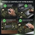 Infographie montrant le tapis de souris Everglade Botanica XXL utilisé par un gamer (FPS), un graphiste, un travailleur minimaliste et pour son nettoyage facile.