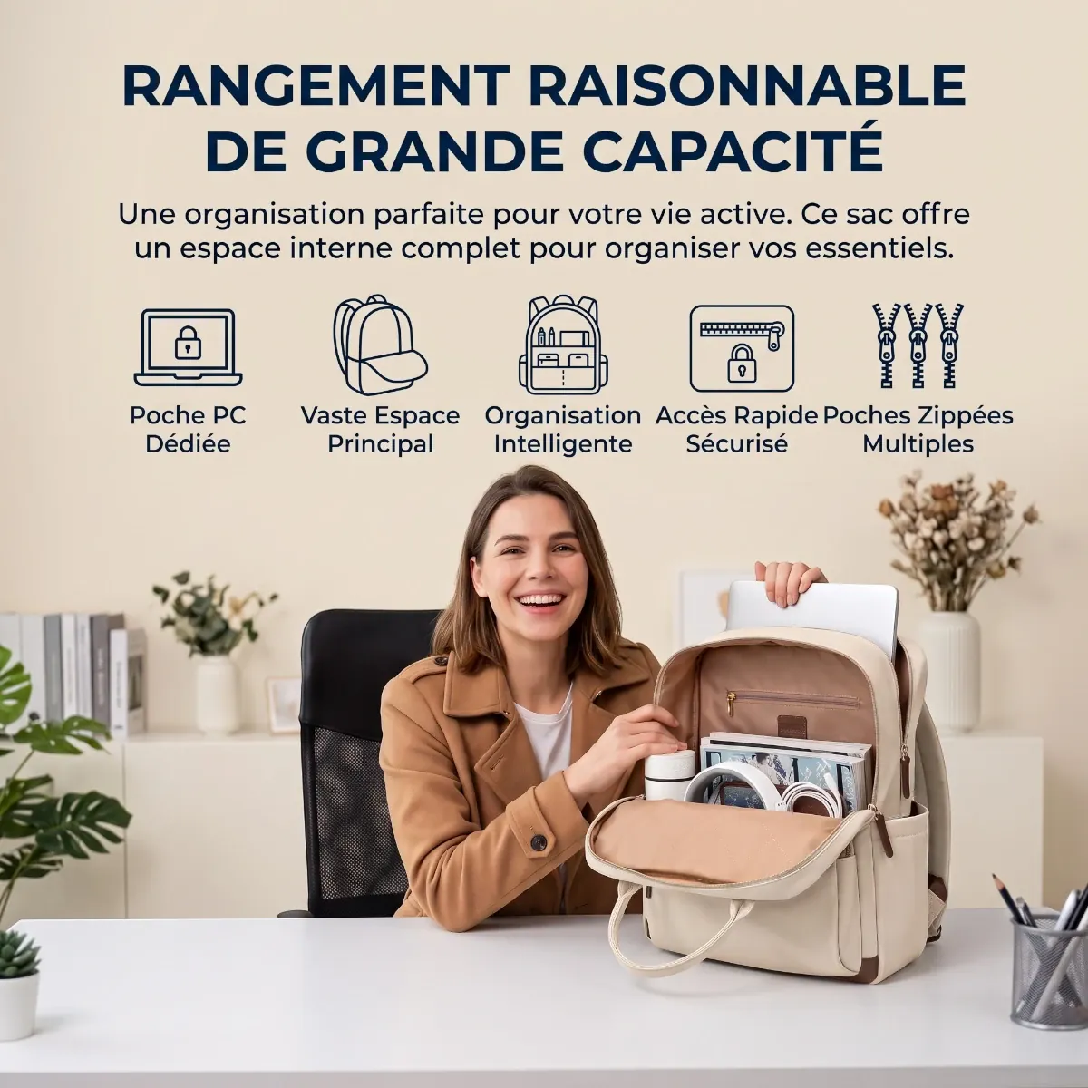 Détails techniques et icônes d'organisation du sac à dos ordinateur femme Duna.