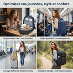 Mosaïque des différents coloris et cas d'utilisation du sac à dos ordinateur femme Libra.