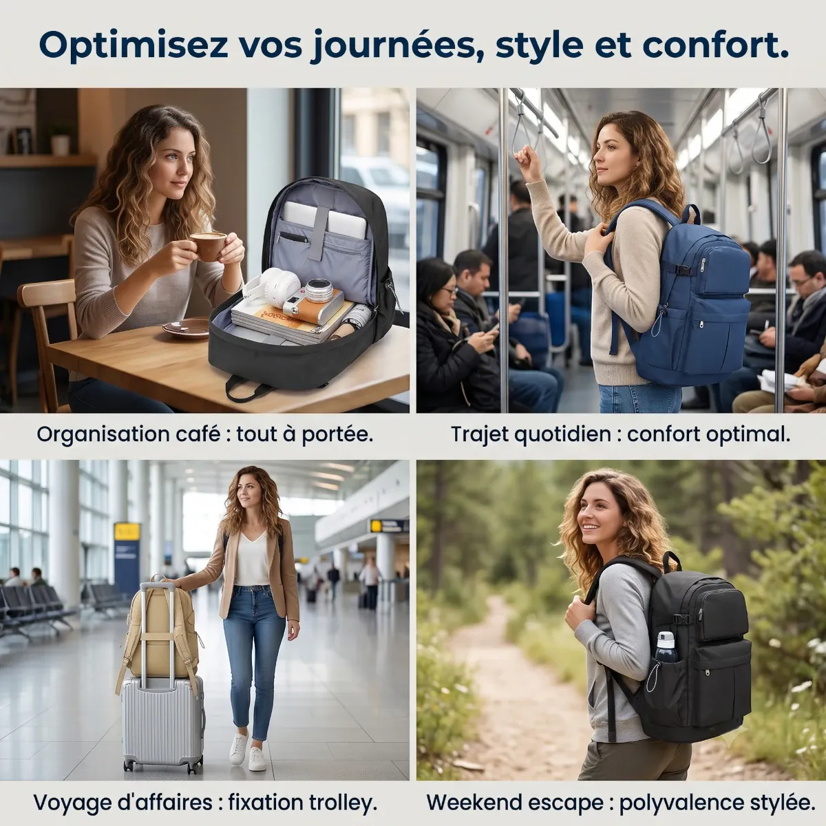 Mosaïque des différents coloris et cas d'utilisation du sac à dos ordinateur femme Libra.