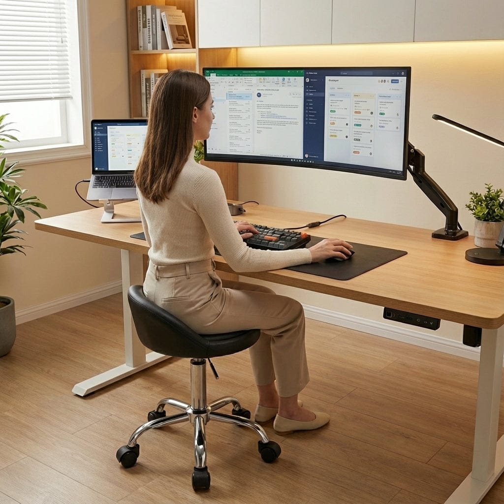 Tabouret de Bureau Pivotant à Roulettes - Hauteur Réglable avec Dossier Bas