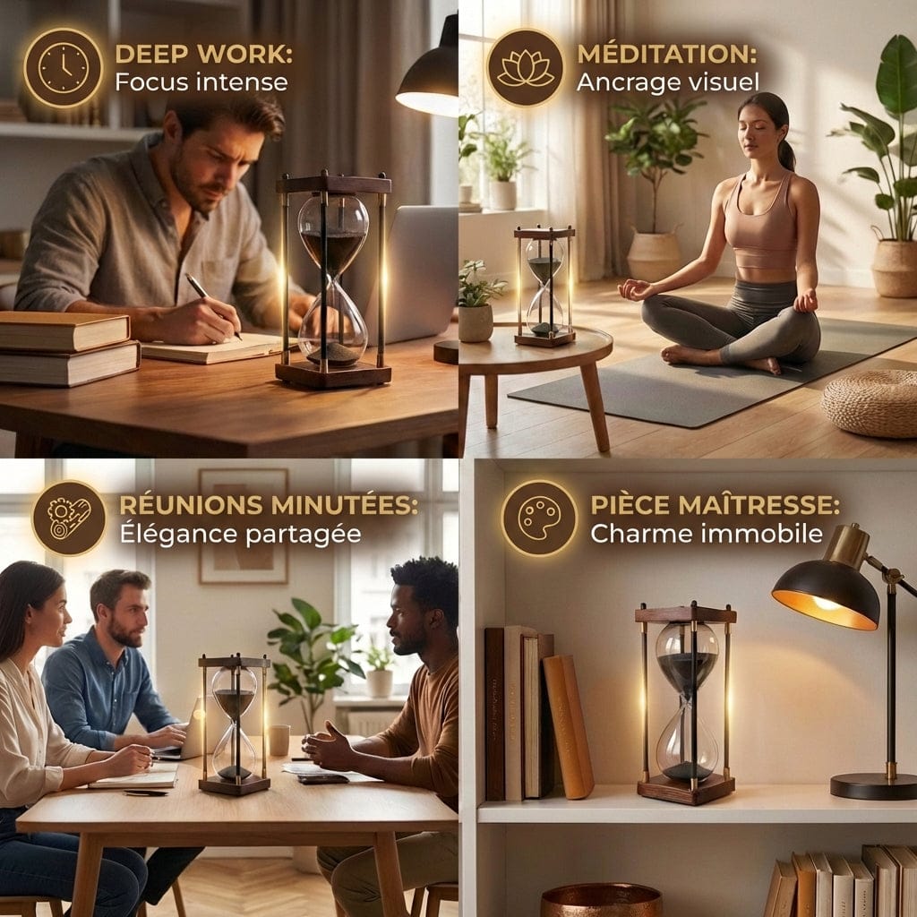 Mise en situation du Sablier EORA : séance de méditation, réunion d'équipe et décoration d'intérieur.