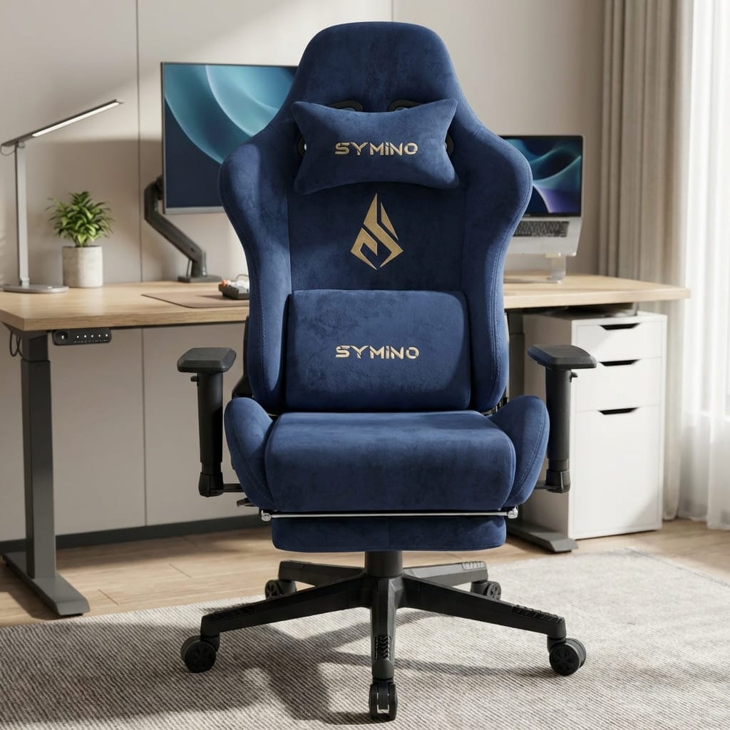 Vue de face du fauteuil de bureau ergonomique SYMINO en tissu bleu, montrant les coussins lombaires et appui-tête avec le logo doré.
