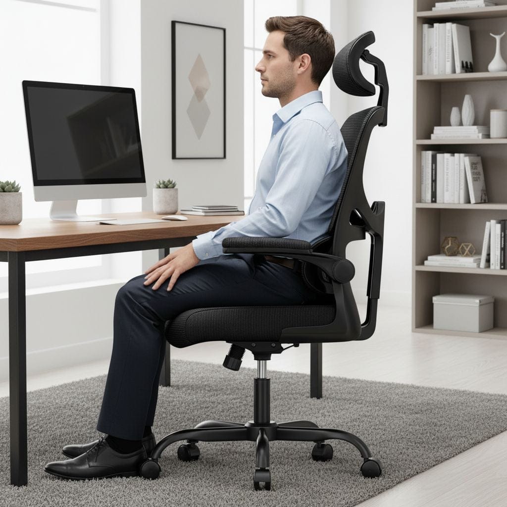 Homme assis avec une posture droite sur une chaise ergonomique dans un bureau moderne