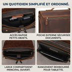 Infographie détaillée de l'intérieur organisé de la serviette L'Ambassadeur, montrant les compartiments pour tablette, accessoires et accès rapide