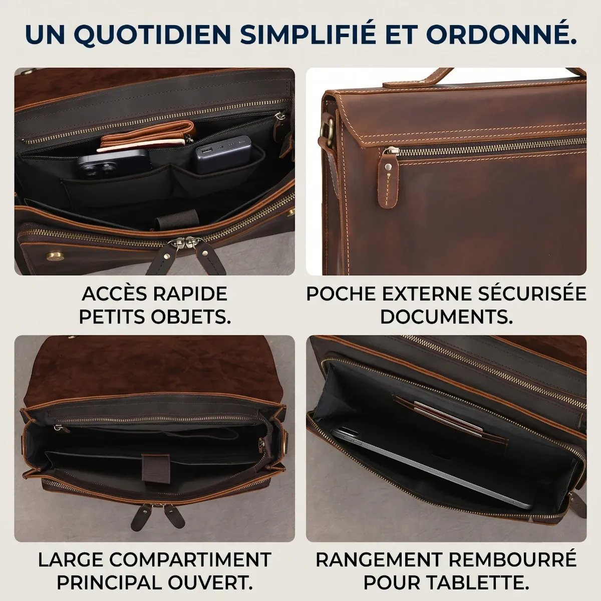 Infographie détaillée de l'intérieur organisé de la serviette L'Ambassadeur, montrant les compartiments pour tablette, accessoires et accès rapide
