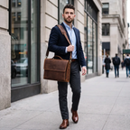 Homme professionnel marchant en ville avec style, portant le sac messager L'Ambassadeur en cuir marron sur l'épaule
