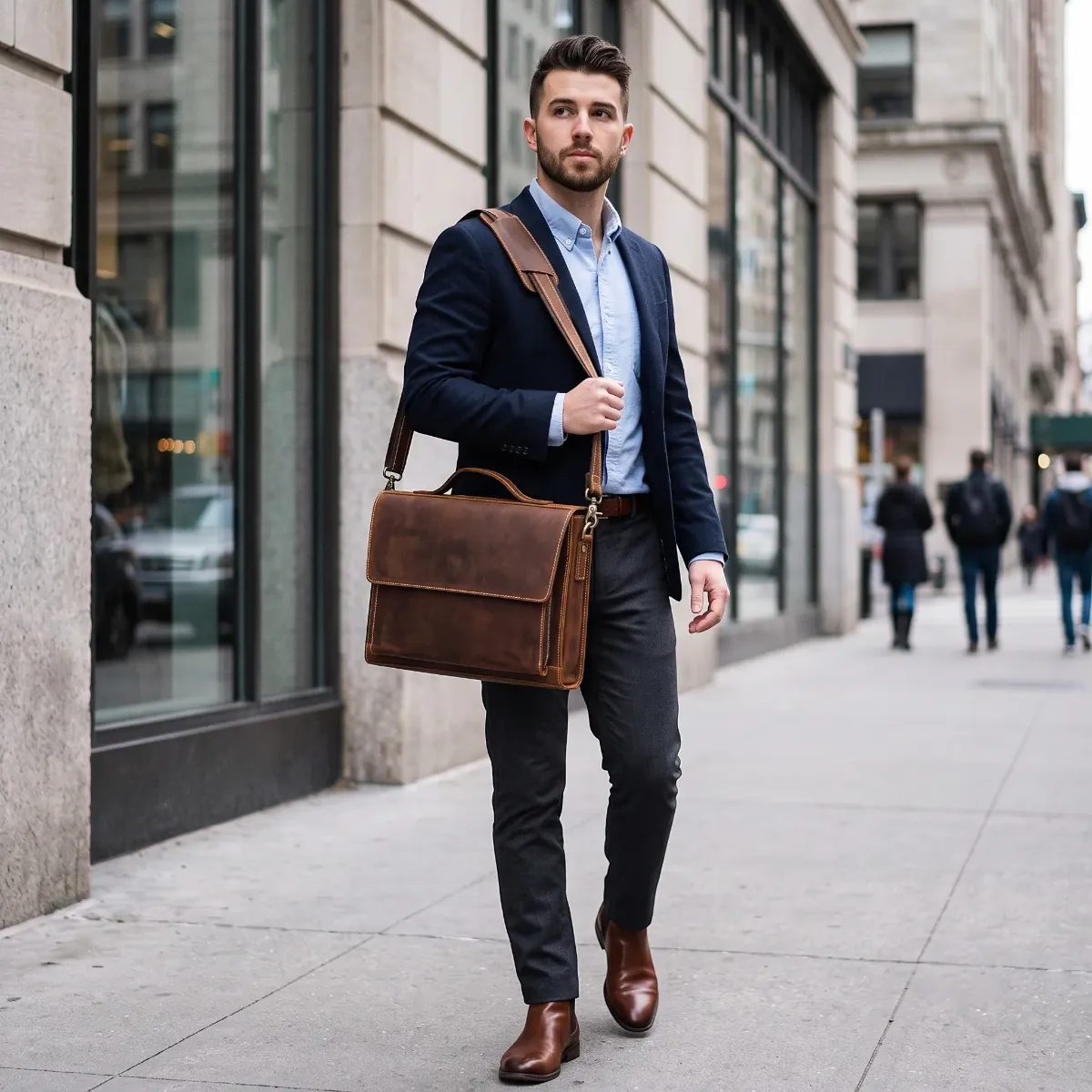Homme professionnel marchant en ville avec style, portant le sac messager L'Ambassadeur en cuir marron sur l'épaule