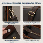 Infographie L'Ambassadeur montrant des gros plans sur les détails de fabrication et les finitions de haute qualité, comme le mousqueton et la fermeture éclair en laiton