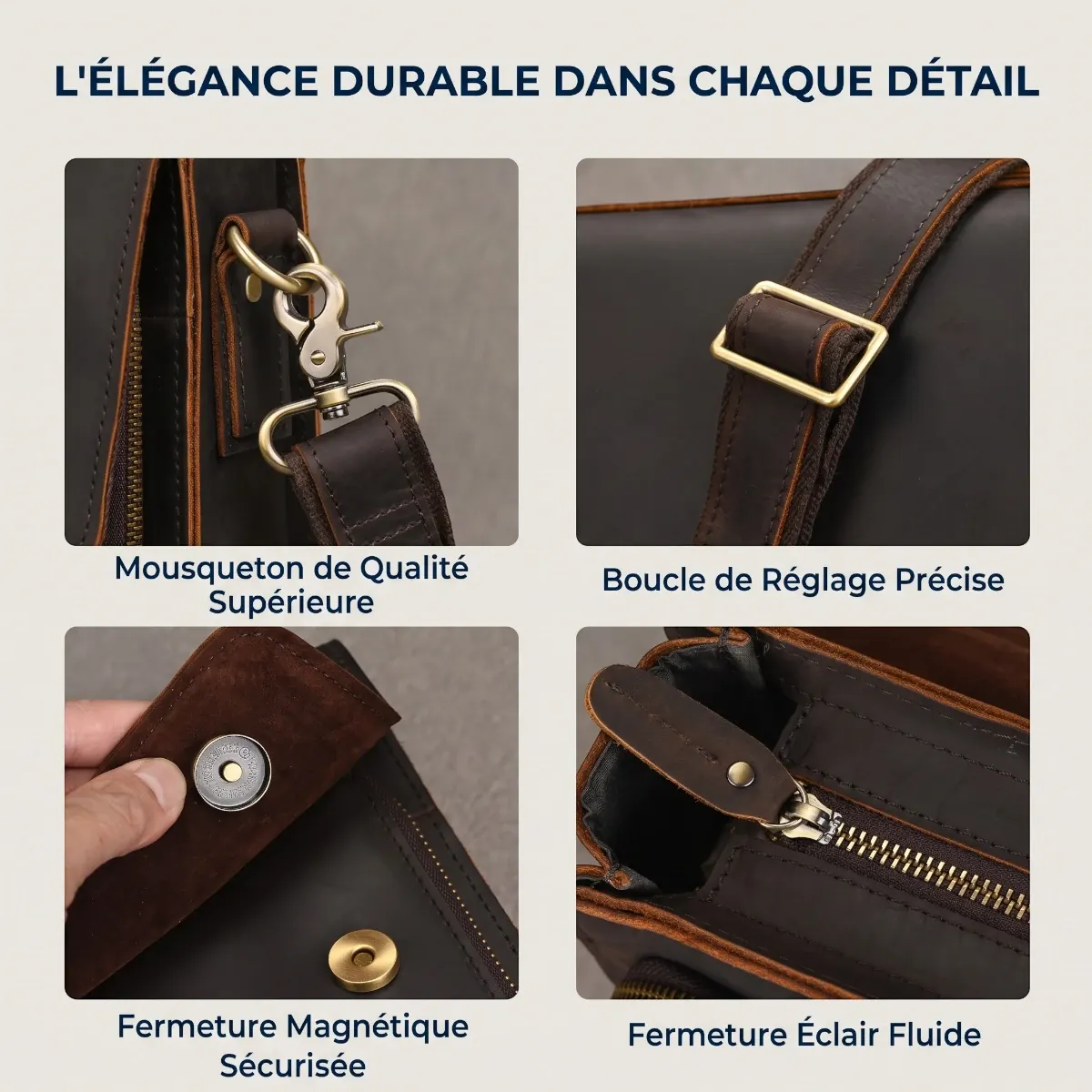 Infographie L'Ambassadeur montrant des gros plans sur les détails de fabrication et les finitions de haute qualité, comme le mousqueton et la fermeture éclair en laiton