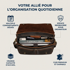 Vue de dessus de l'intérieur rempli et organisé de la serviette en cuir marron L'Ambassadeur, pour un usage professionnel quotidien