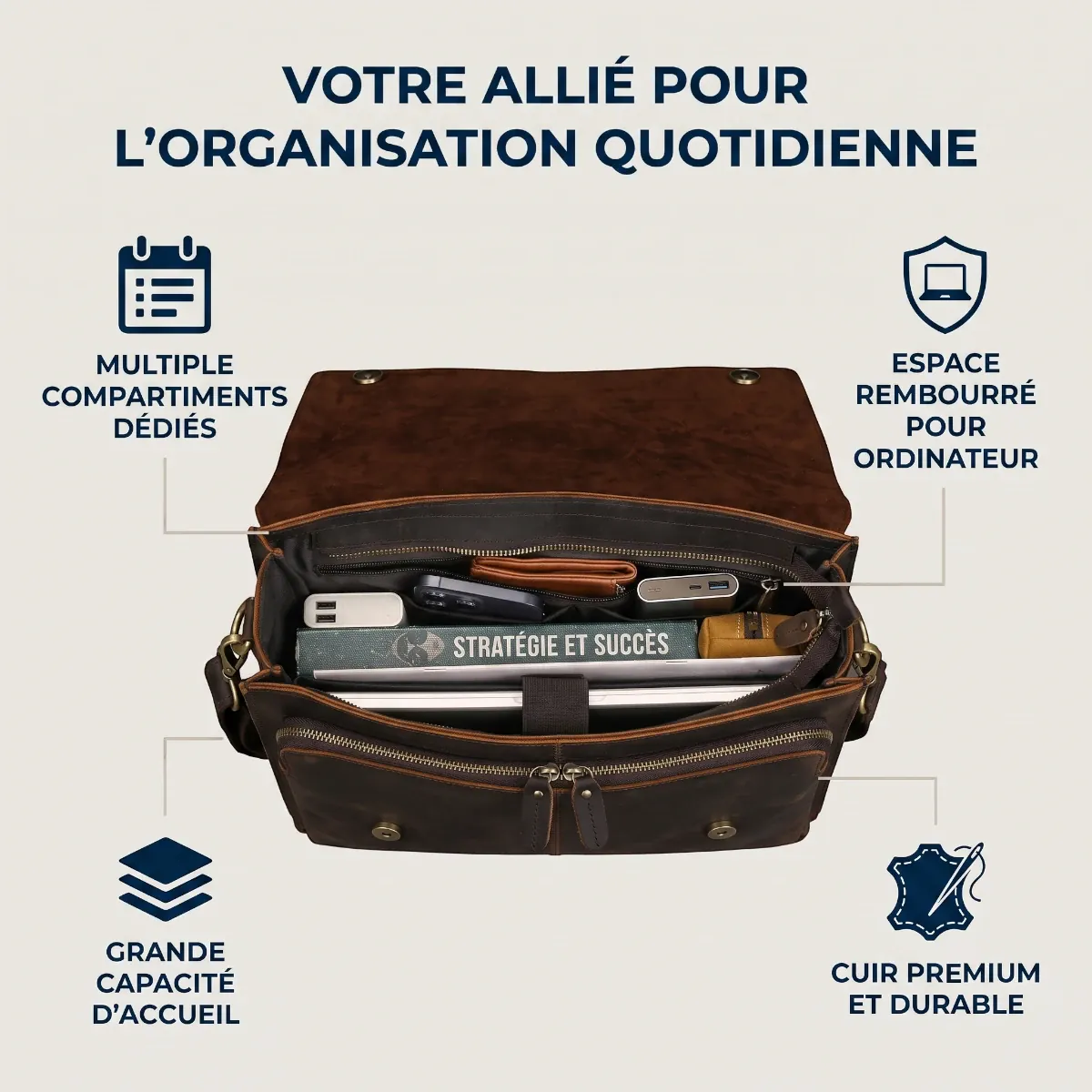 Vue de dessus de l'intérieur rempli et organisé de la serviette en cuir marron L'Ambassadeur, pour un usage professionnel quotidien