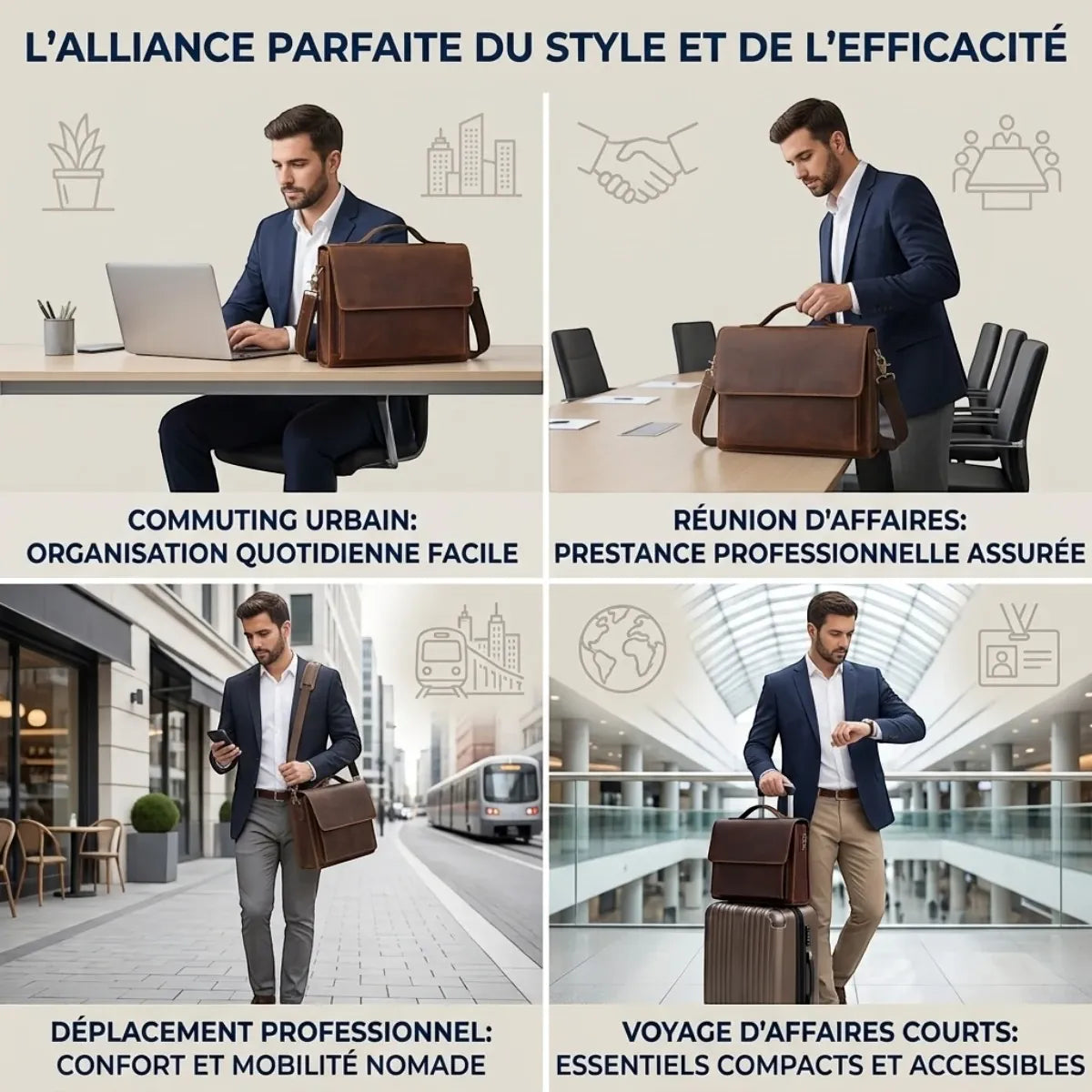 Infographie L'Ambassadeur présentant quatre scénarios d'utilisation : trajet urbain, réunion d'affaires, voyage professionnel, et déplacement court
