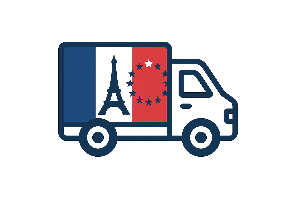 Image d'un camion au couleur bleu blanc rouge représentant les couleurs de la France accompagné du rond étoilé de l'Europe représentant une livraison partout en France et en Europe