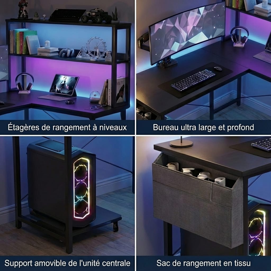 Vue détaillée des solutions de rangement du bureau d'angle gaming : étagères à 2 niveaux, plateau ultra large, support PC mobile et sac de rangement latéral en tissu.