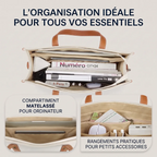 Organisation intérieure du sac ordi femme MISSNINE avec son compartiment PC matelassé et ses multiples poches pour accessoires.