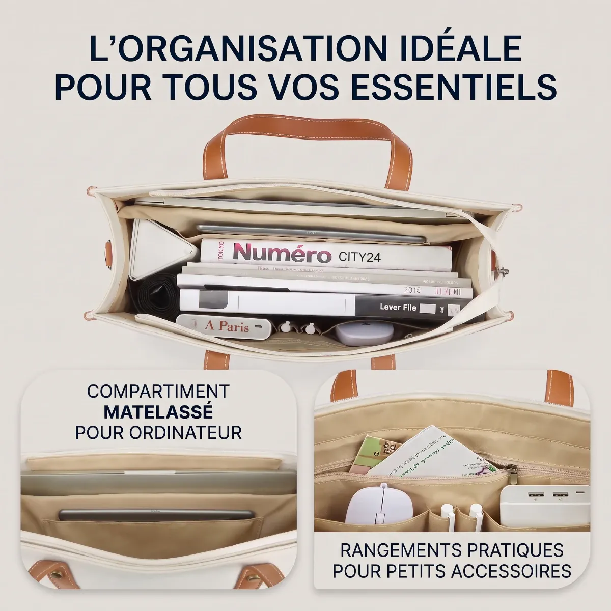Organisation intérieure du sac ordi femme MISSNINE avec son compartiment PC matelassé et ses multiples poches pour accessoires.
