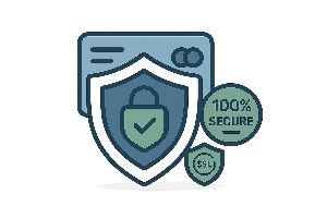 Illustration d’un cadenas sur un bouclier, d’icônes de carte bancaire et de sceaux “SSL” et “100 % Secure”, représentant la garantie de paiement en ligne totalement sécurisé sur un site e-commerce d’accessoires pour télétravail et nomades numériques.