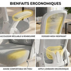 Image divisée en quatre sections détaillant les bienfaits ergonomiques d'une chaise de bureau : accoudoir réglable et rembourré, dossier en mesh respirant, assise confortable en tissu et appui lombaire ergonomique.