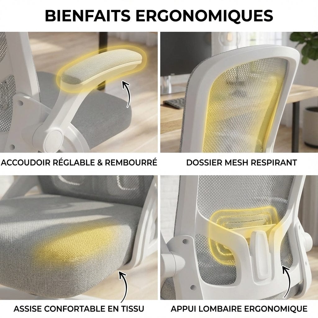 Image divisée en quatre sections détaillant les bienfaits ergonomiques d'une chaise de bureau : accoudoir réglable et rembourré, dossier en mesh respirant, assise confortable en tissu et appui lombaire ergonomique.