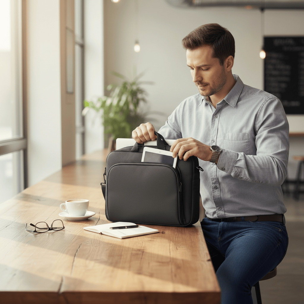 Homme en chemise grise rangeant un ordinateur portable dans un sac professionnel anthracite à côté d'une tasse de café, lunettes et cahier sur une table en bois dans un espace de travail moderne