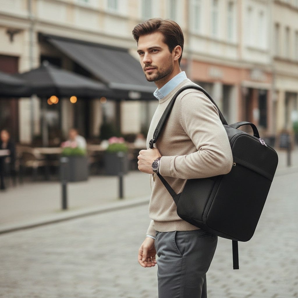 Homme en pull beige et pantalon gris portant un sac à dos ordinateur noir minimaliste en centre-ville avec terrasses de café en arrière-plan