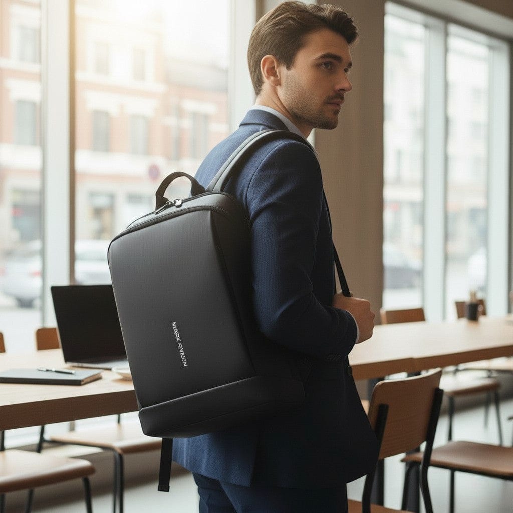 Homme en costume bleu portant un sac à dos ordinateur noir Mark Ryden au design épuré dans un espace de coworking moderne avec ordinateur portable sur table