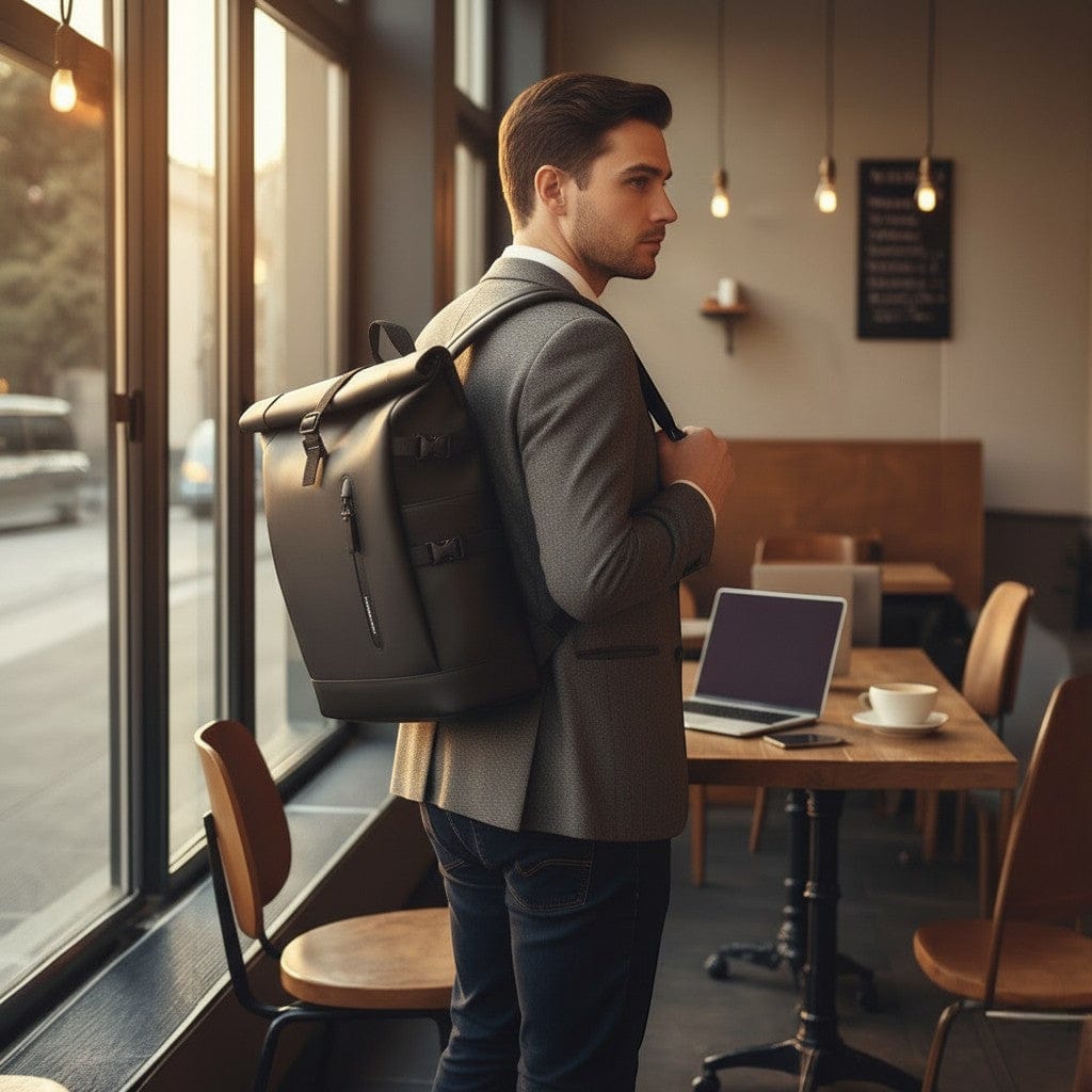 Homme en veste grise portant un sac à dos ordinateur rolltop gris anthracite avec fermeture à rabat dans un café moderne avec ordinateur portable et tasse de café sur table