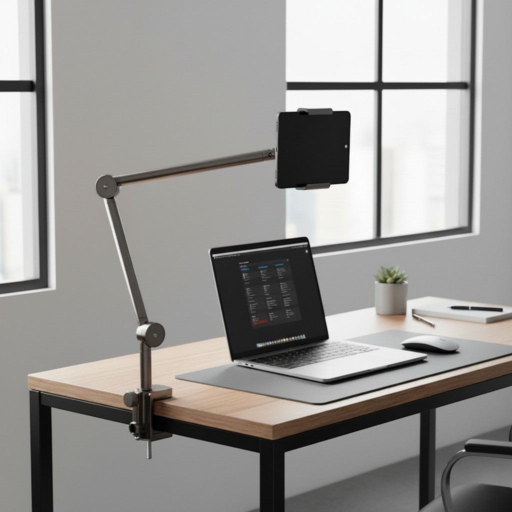 Support tablette noir à bras articulé fixé sur bureau en bois avec ordinateur portable, souris et plante verte dans un espace de travail minimaliste avec grandes fenêtres