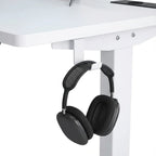 Crochet latéral en métal blanc pour casque audio intégré au bureau assis-debout électrique.