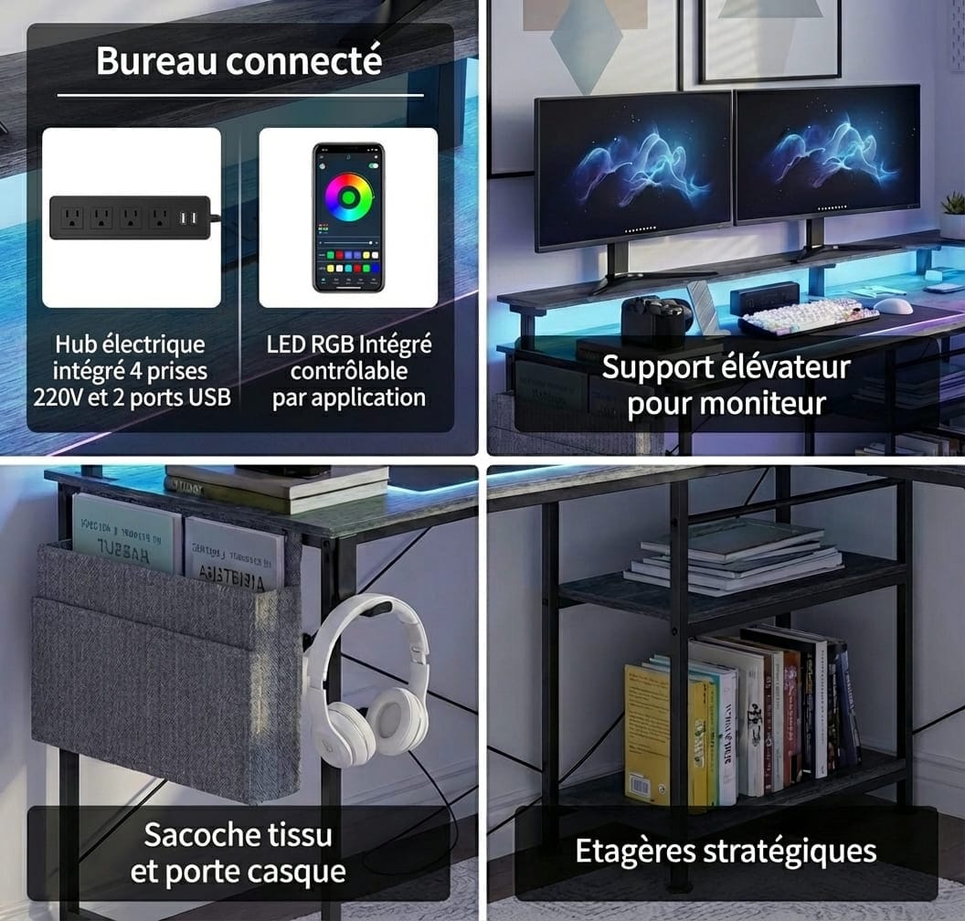 Détails des accessoires du bureau connecté : multiprise USB intégrée, support écran, sacoche de rangement en tissu et étagères stratégiques.