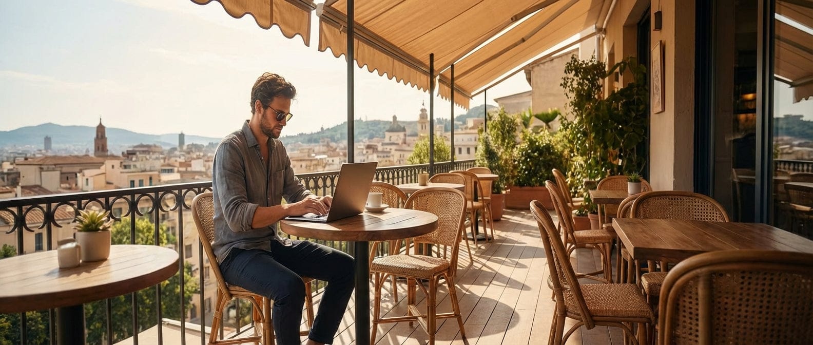 Homme travaillant sur une terrasse avec des accessoires nomades Bureau Cosy : supports PC réglables, hubs USB-C et matériel de productivité pour digital nomads et travail hybride.