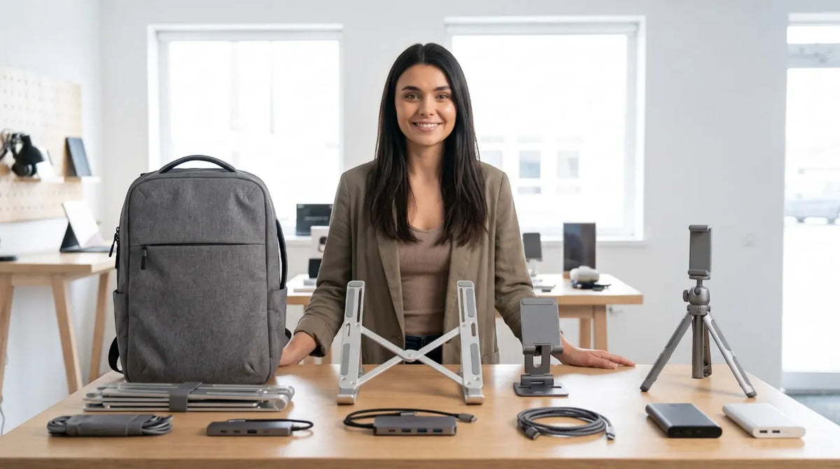 Sophie présentant la sélection d'accessoires digital nomad avec support PC, sac à dos et hub USB.