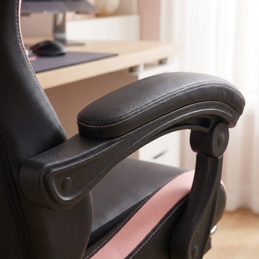 Zoom sur l'accoudoir incurvé et rembourré en simili cuir noir avec surpiqûres roses élégantes.