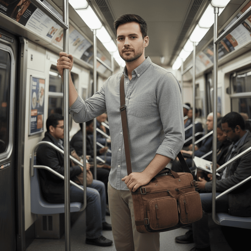 Homme portant une sacoche pour ordinateur portable en cuir marron avec bandoulière dans le métro, idéale pour les déplacements urbains