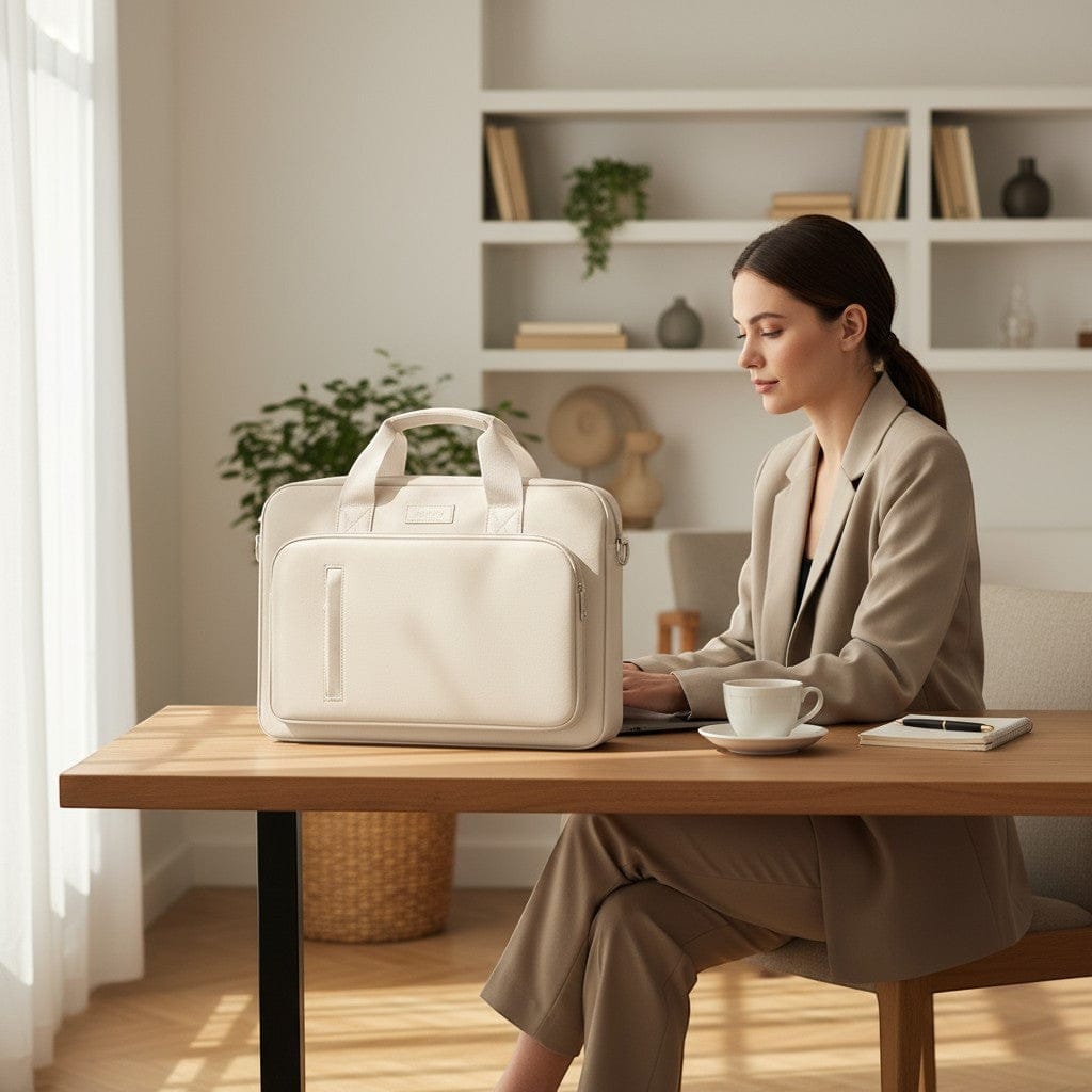 Femme active en tailleur travaillant sur son ordinateur dans un espace épuré, avec la sacoche ordinateur pour femme Le Cocon en coloris beige crème posée sur un bureau en bois.