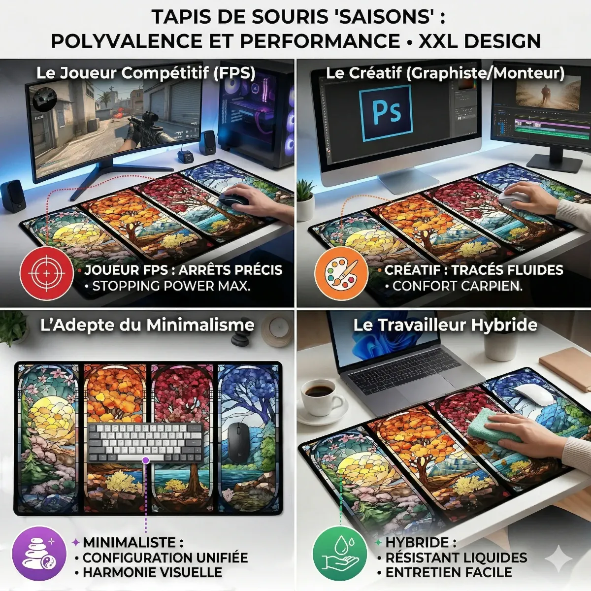 Infographie de mise en situation en quatre panneaux pour le Tapis de souris Aethelgard Mosaic XXL, montrant son utilisation pour le gaming, le travail créatif et la productivité.