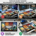 Infographie de mise en situation en quatre panneaux pour le Tapis de souris Aethelgard Mosaic XXL, montrant son utilisation pour le gaming, le travail créatif et la productivité.