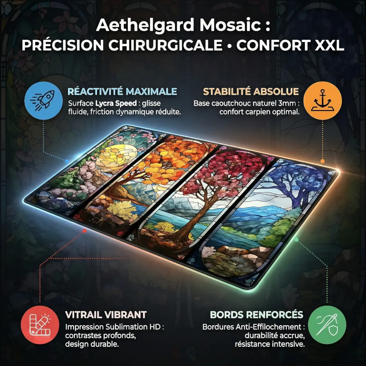 Infographie technique flottante du Tapis de souris Aethelgard Mosaic XXL, avec des légendes détaillant la surface de précision et l'ergonomie.
