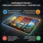 Infographie technique flottante du Tapis de souris Aethelgard Mosaic XXL, avec des légendes détaillant la surface de précision et l'ergonomie.