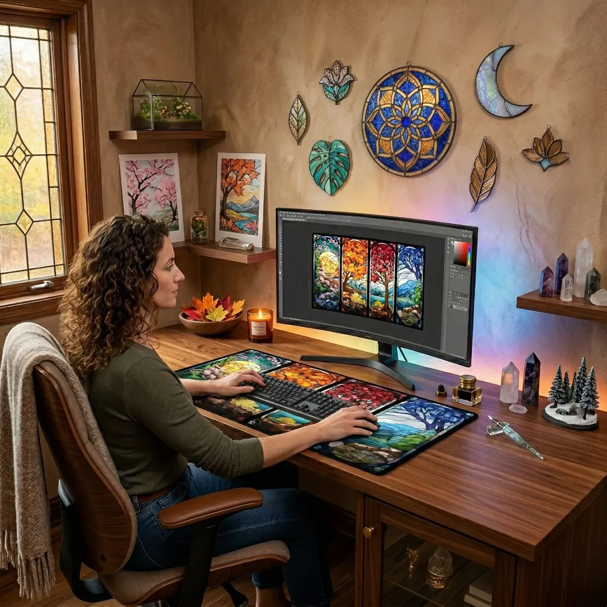 Vue en situation d'une personne travaillant à un bureau avec le Tapis de souris Aethelgard Mosaic XXL en vitrail, illustrant son grand format et son confort.