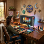Vue en situation d'une personne travaillant à un bureau avec le Tapis de souris Aethelgard Mosaic XXL en vitrail, illustrant son grand format et son confort.