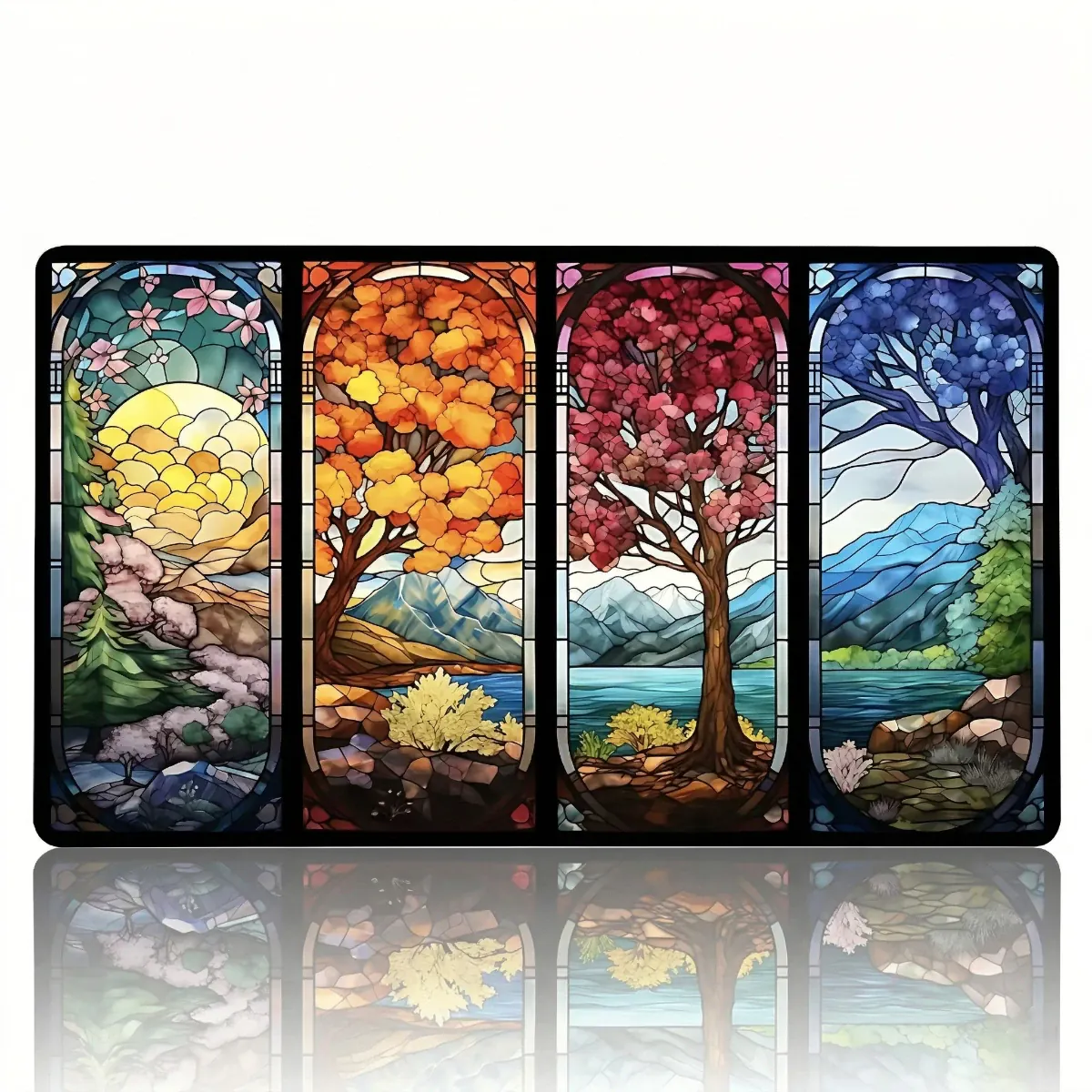 Rendu complet à plat du Tapis de souris Aethelgard Mosaic XXL, montrant le design des quatre saisons en vitrail, avec un reflet pour souligner la précision et l'esthétique.