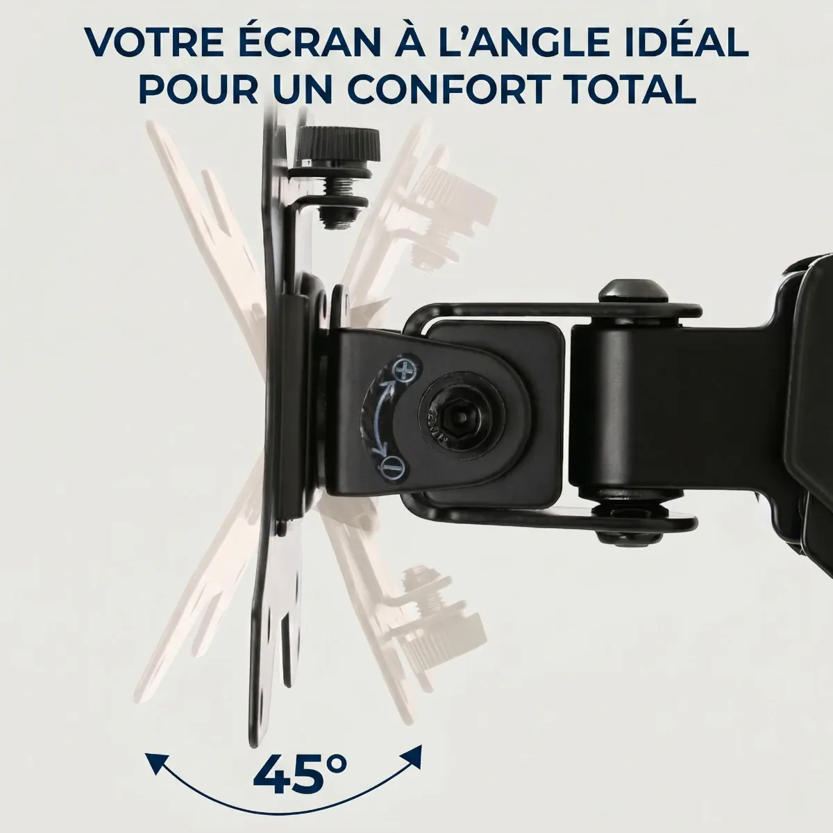 Gros plan sur le mécanisme d'inclinaison à 45 degrés du bras articulé AeroFlex pour un confort visuel optimal.