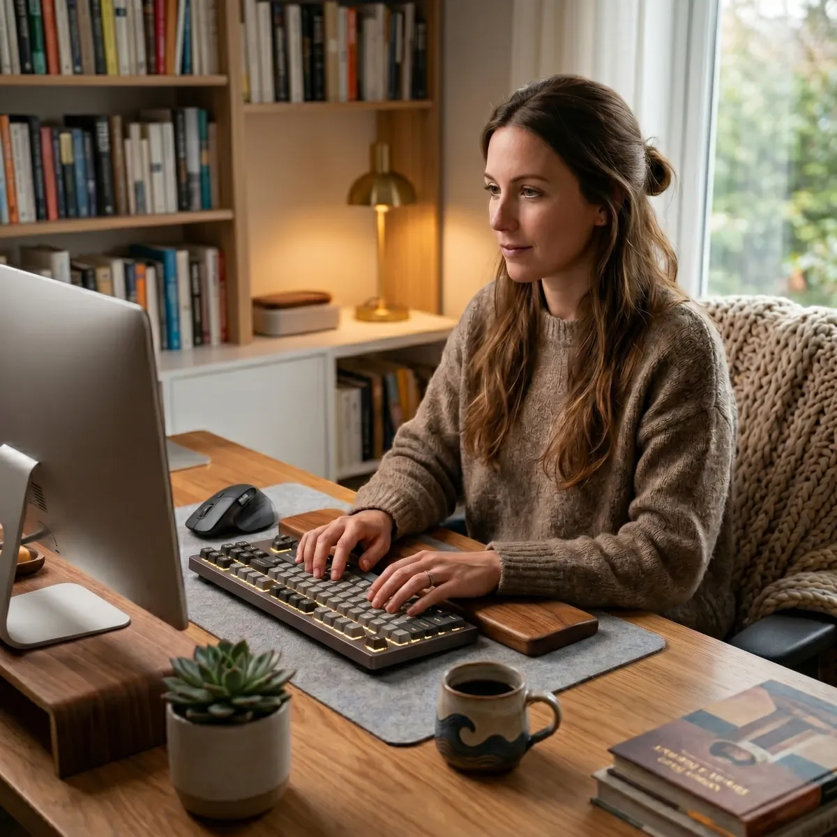 Une femme travaillant sur son ordinateur dans un bureau de style home office cosy, utilisant le repose poignet clavier SilvaAlign Pro en noyer massif pour un alignement neutre et ergonomique.