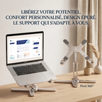Station de travail épurée avec le support ordinateur portable en aluminium AeroAxis 360 et texte inspirant sur fond crème chaud.