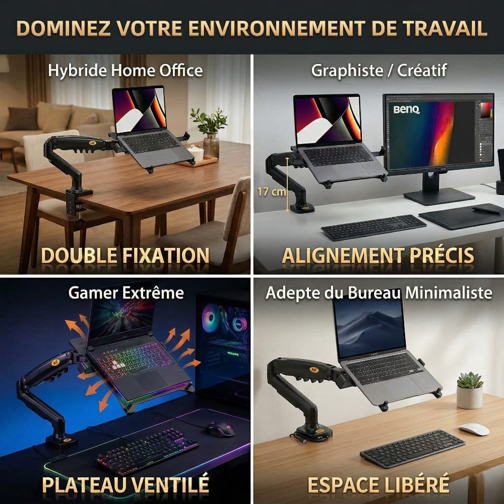 Mosaïque montrant le NB Elite Air-Flow dans différents contextes : télétravail, gaming, graphisme et bureau minimaliste.